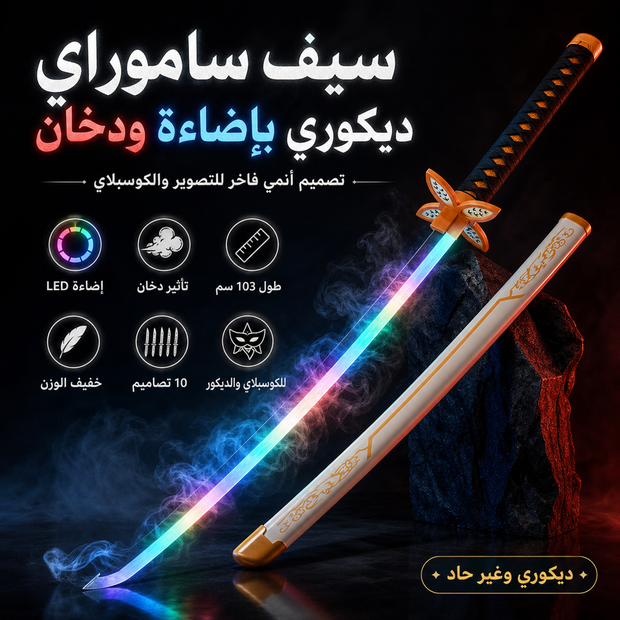 سيف ساموراي بتصميم أنمي فاخر مع إضاءة متغيرة وتأثير دخان، مثالي للتصوير، الكوسبلاي، الديكور، الهدايا والعروض. متوفر بعدة أشكال مستوحاة من شخصيات الساموراي والأنمي.