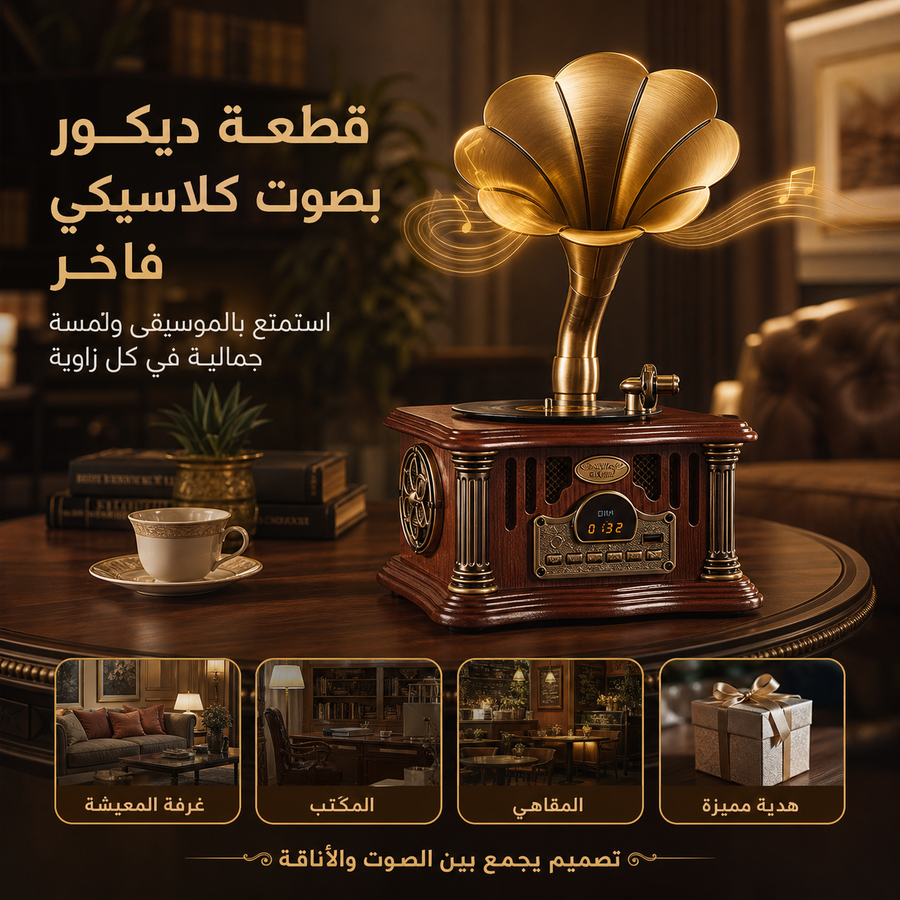 سبيكر كلاسيكي فاخر بتصميم جرامافون أنيق يجمع بين الديكور الراقي والصوت العملي. يدعم البلوتوث وبطارية قابلة للشحن وتحكم عن بعد.