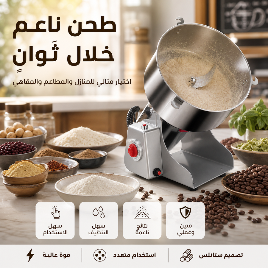 مطحنة كهربائية قوية متعددة الاستخدامات لطحن القهوة، التوابل، الحبوب بسرعة وكفاءة. للاستخدام اليومي في المنزل أو الأعمال