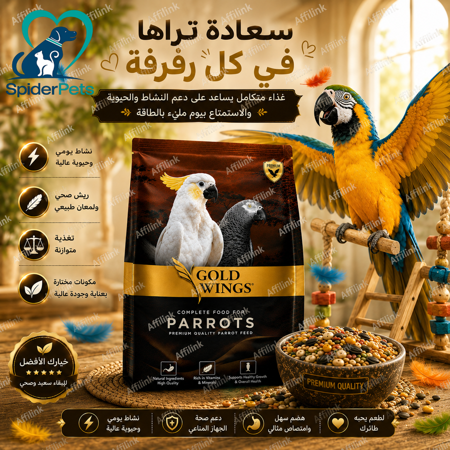 غذاء Gold Wings للببغاوات – مزيج غني للحيوية والريش اللامع