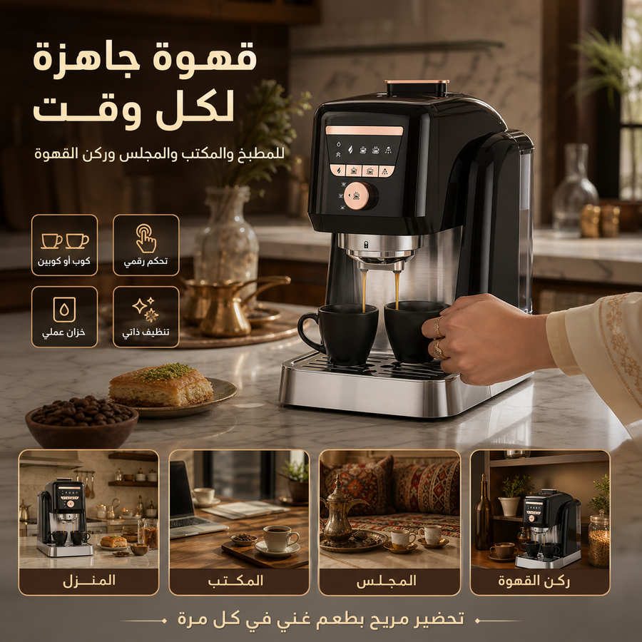 ماكينة قهوة تركية أوتوماتيكية 700W، خزان 800ml، تحضير كوب أو كوبين، لوحة تحكم رقمية وتنظيف ذاتي - أسود