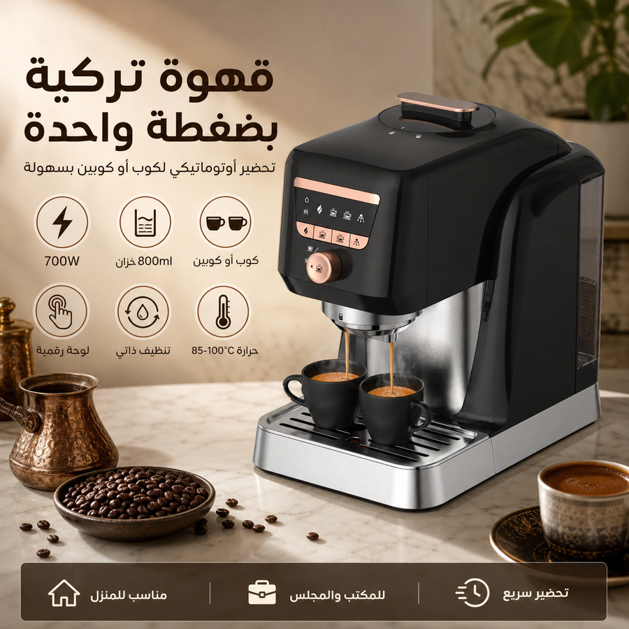 ماكينة قهوة تركية أوتوماتيكية 700W، خزان 800ml، تحضير كوب أو كوبين، لوحة تحكم رقمية وتنظيف ذاتي - أسود
