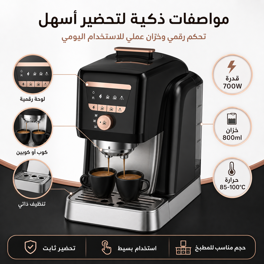 ماكينة قهوة تركية أوتوماتيكية 700W، خزان 800ml، تحضير كوب أو كوبين، لوحة تحكم رقمية وتنظيف ذاتي - أسود