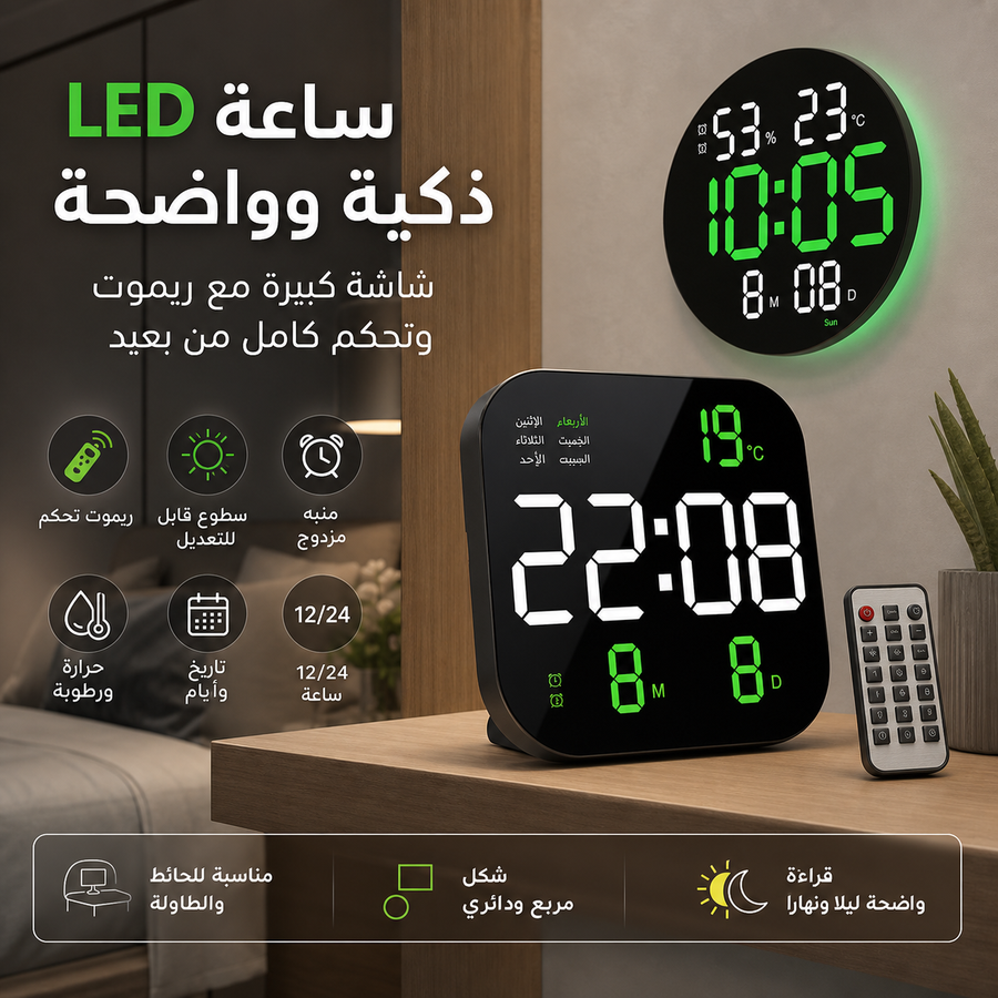 ساعة LED رقمية للحائط والطاولة مع ريموت، شاشة كبيرة، سطوع قابل للتعديل، منبه مزدوج، حرارة ورطوبة، شكل مربع ودائري