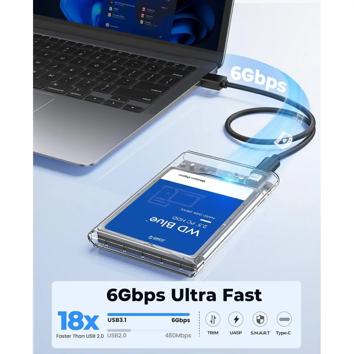 راكة هارد لابتوب و SSD  شفافة تايب سي  - usb3