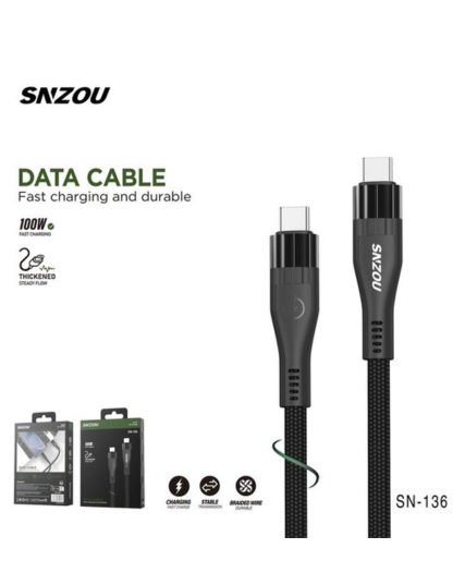 SNZOU SN-136 100W USB-C to USB-C Fast Charging Cable – Black
