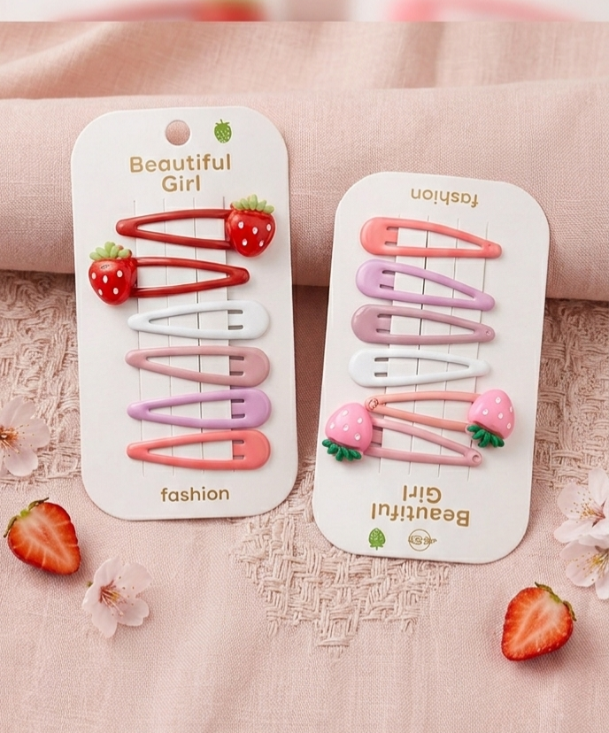 Hair Strawberry & tick tak pin ٦قطع