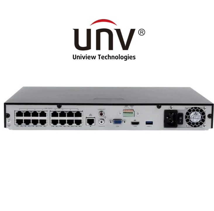 جهاز NVR شبكي 16 قناة لتسجيل كاميرات IP NVR من Uniview موديل NVR302-16S2-P16S، يدعم 16 قناة مع 16 بورت PoE مدمج وأداء عالي للمشاريع المتوسطة والكبيرة