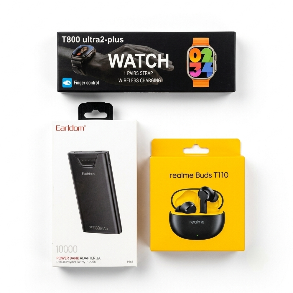 عرض التوفير – باور بانك Earldom ET-PB68 + ساعة T800 Ultra Plus 2 + سماعة Realme Buds T110 High Copy
