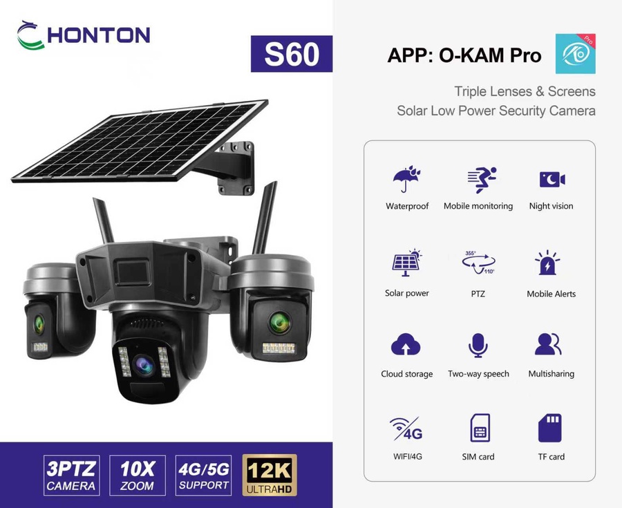 كاميرا مراقبة HONTON S60 شمسية 12K ثلاثية العدسات PTZ مع شريحة SIM ورؤية ليلية