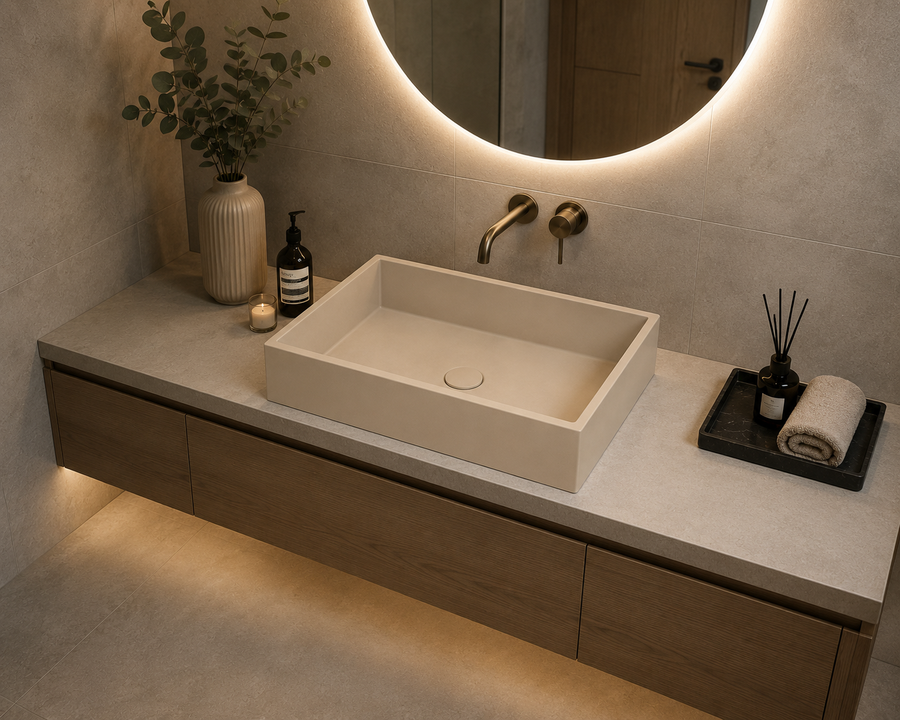 San Pedro Oliva Premium Matte Beige Vessel Basin 48×38 cm | Luxury Countertop Bathroom Sink