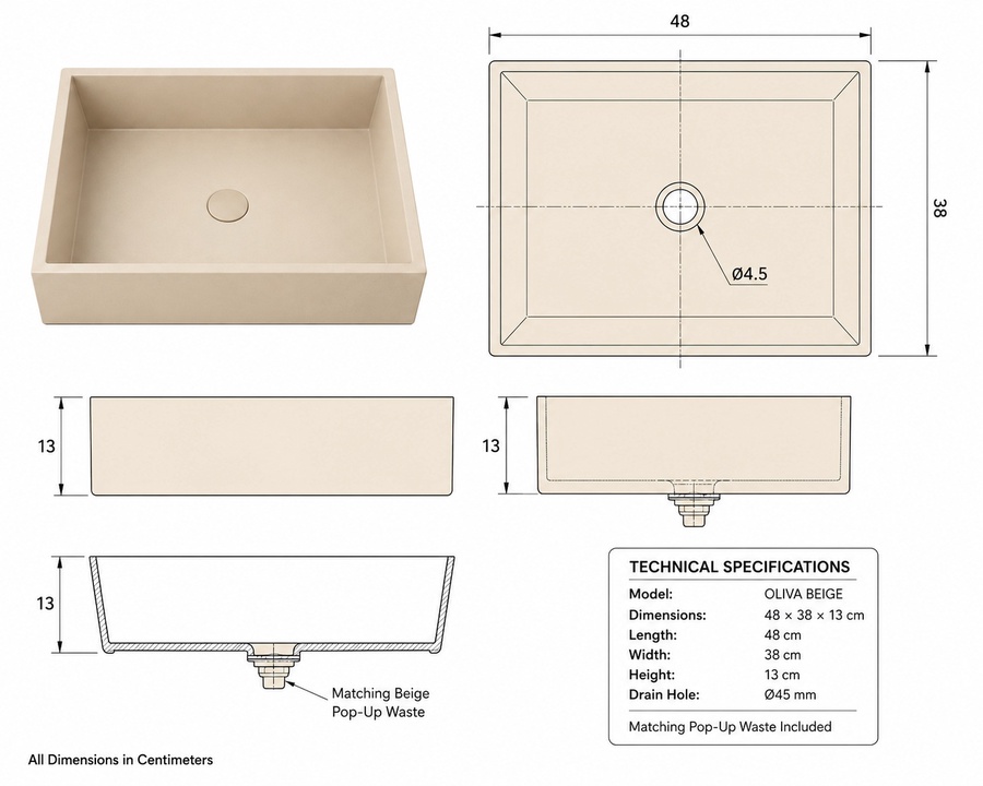 San Pedro Oliva Premium Matte Beige Vessel Basin 48×38 cm | Luxury Countertop Bathroom Sink
