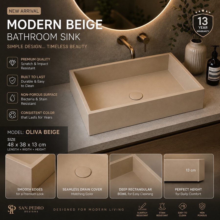 San Pedro Oliva Premium Matte Beige Vessel Basin 48×38 cm | Luxury Countertop Bathroom Sink
