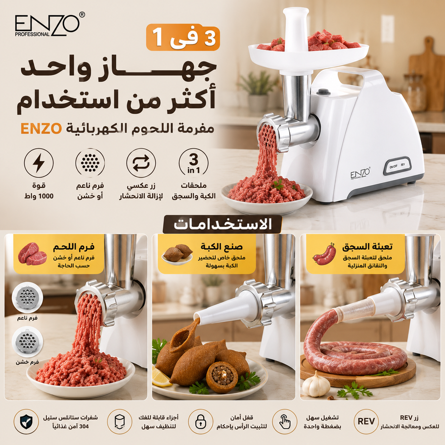استخدامات مفرمة ENZO للحم والكبة والسجق