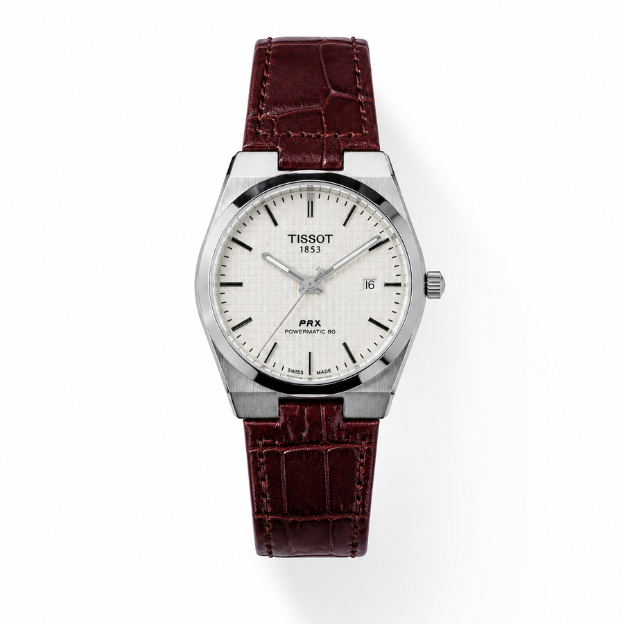 ساعة جلد لون بني ومينا بيضاء Tissot prx