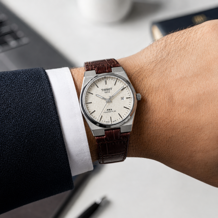 ساعة جلد لون بني ومينا بيضاء Tissot prx