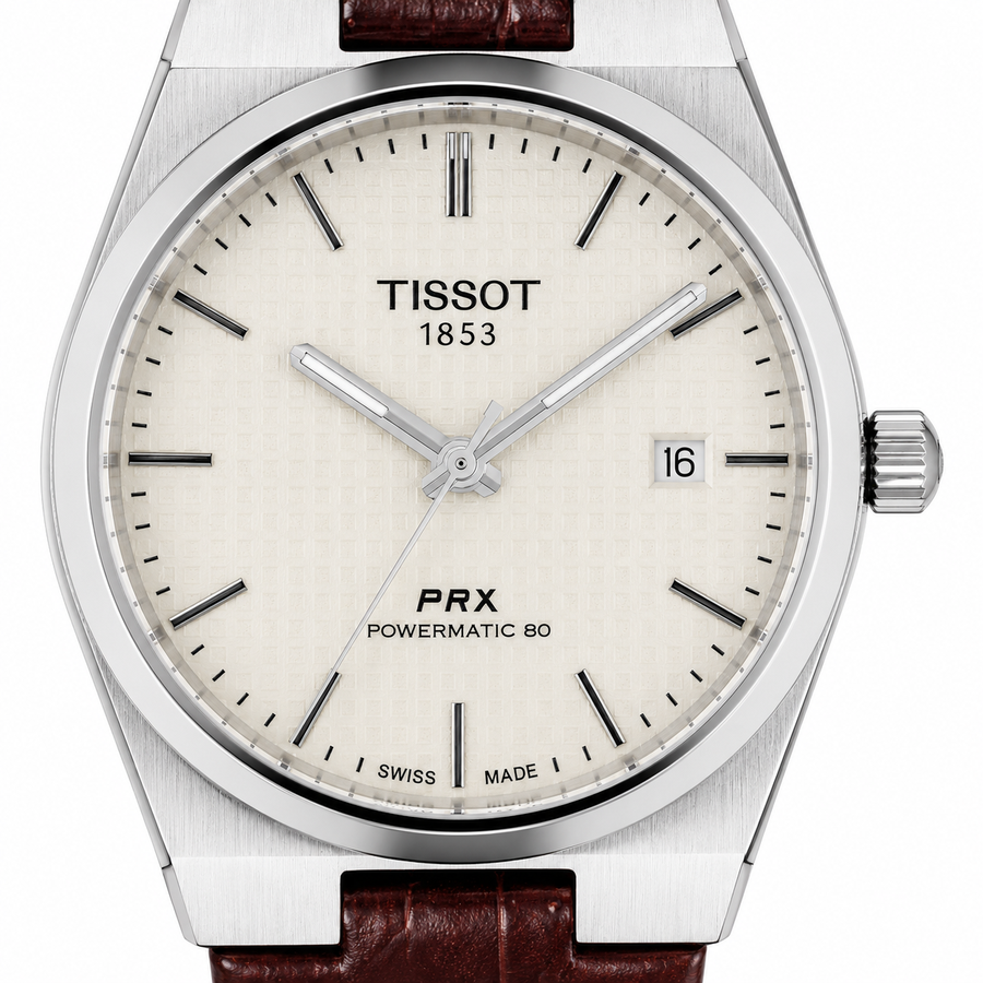 ساعة جلد لون بني ومينا بيضاء Tissot prx