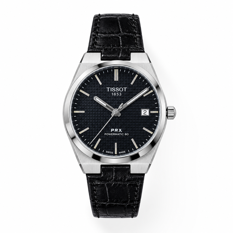 ساعة جلد لون اسود ومينا اسود Tissot prx