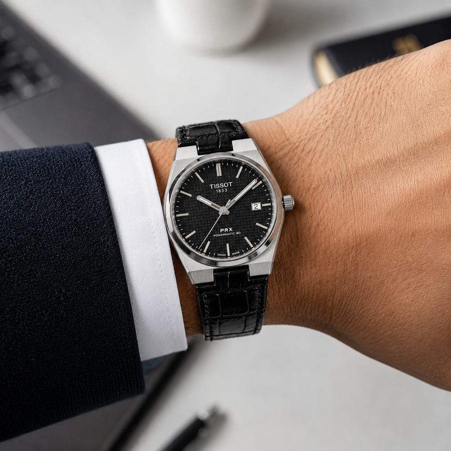 ساعة جلد لون اسود ومينا اسود Tissot prx