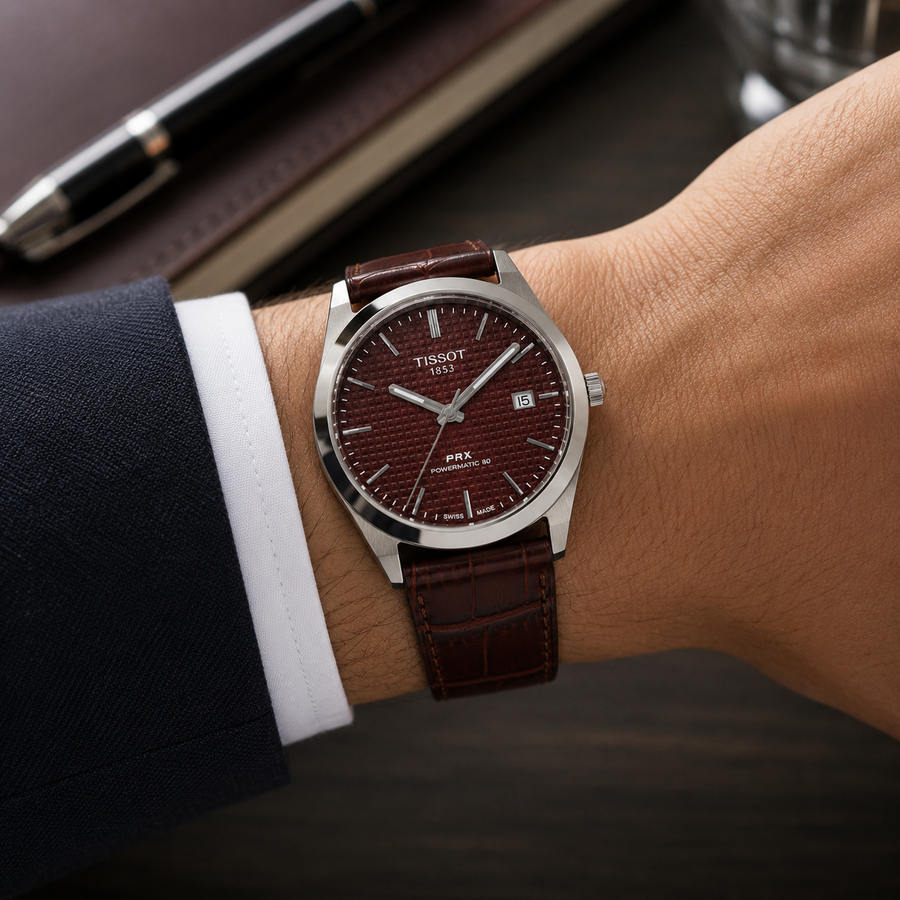 ساعة جلد لون بني ومينا بني Tissot prx