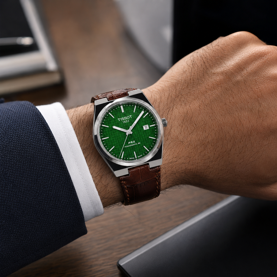 ساعة جلد لون بني ومينا خضراء Tissot prx