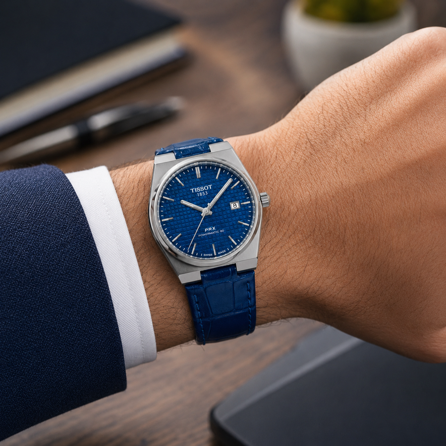 ساعة جلد لون ازرق ومينا زرقاء Tissot prx