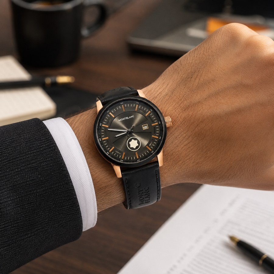 ساعة Montblanc جلد اسود ومينا اسود