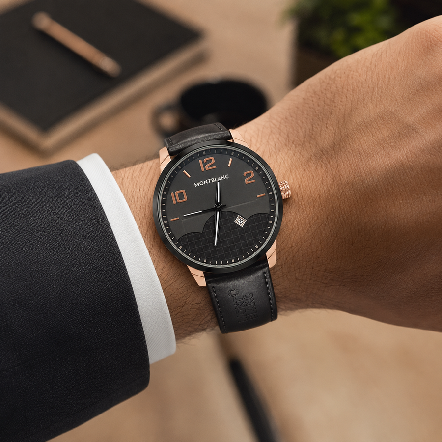 ساعة Montblanc جلد اسود ومينا اسود وبيج