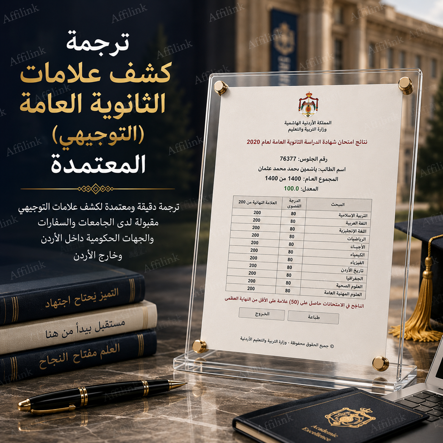 ترجمة كشف علامات الثانوية العامة (التوجيهي) المعتمد