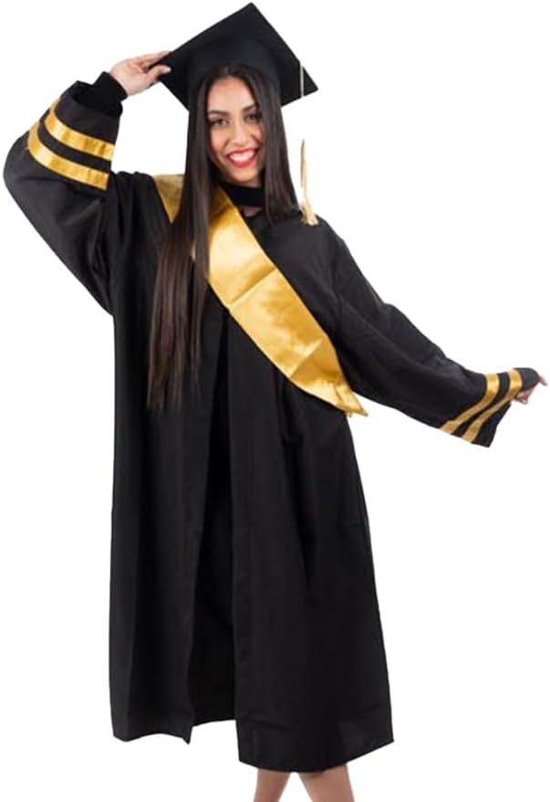 Complete Graduation Cape and Hat with Tassel, Black with Gold Detailing, College Ceremony