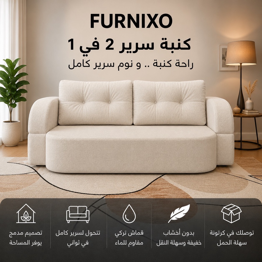 فورنكسو - FURNIXO كنبة سرير قابلة للتحويل 2 في 1 – إسفنج مضغوط بدون أخشاب – لون #02-أبيض دخاني