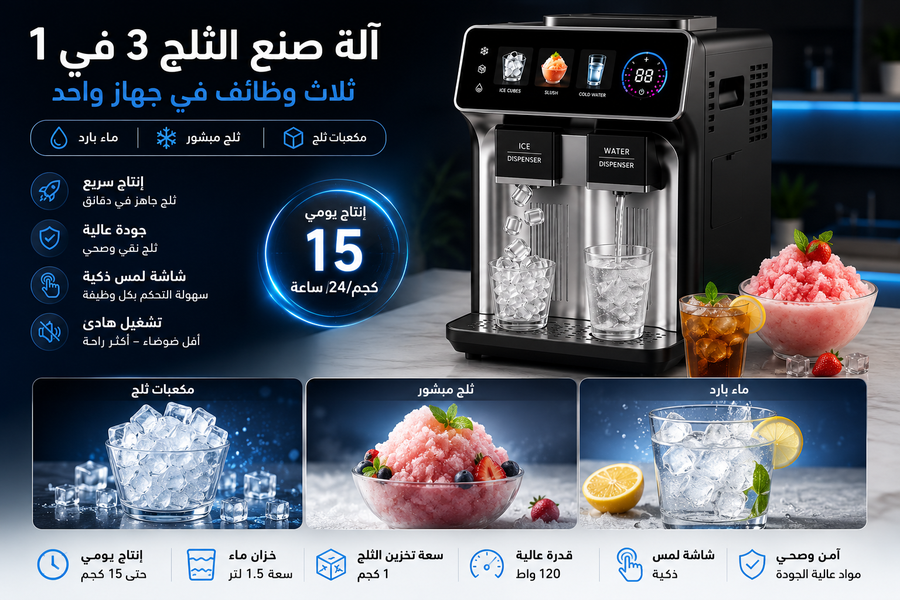 آلة صنع الثلج 3 في 1 الذكية – مكعبات ثلج + ثلج مبشور + ماء بارد – شاشة لمس – إنتاج حتى 15 كجم يوميًا