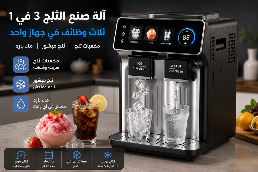 آلة صنع الثلج 3 في 1 الذكية – مكعبات ثلج + ثلج مبشور + ماء بارد – شاشة لمس – إنتاج حتى 15 كجم يوميًا