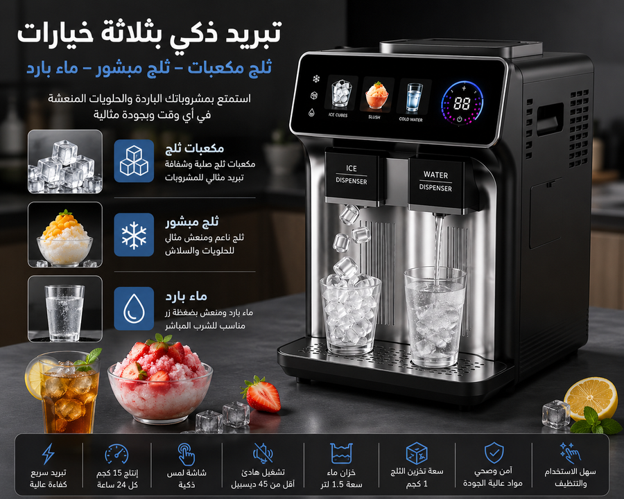 آلة صنع الثلج 3 في 1 الذكية – مكعبات ثلج + ثلج مبشور + ماء بارد – شاشة لمس – إنتاج حتى 15 كجم يوميًا