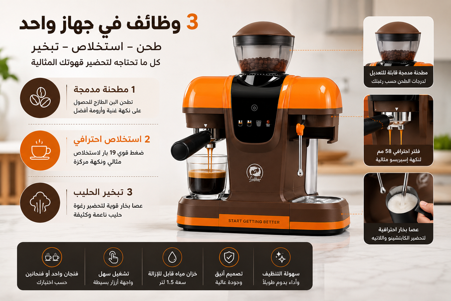 ماكينة قهوة إسبريسو احترافية مع مطحنة مدمجة – ضغط 19 بار – تبخير الحليب – تحضير فنجان أو فنجانين