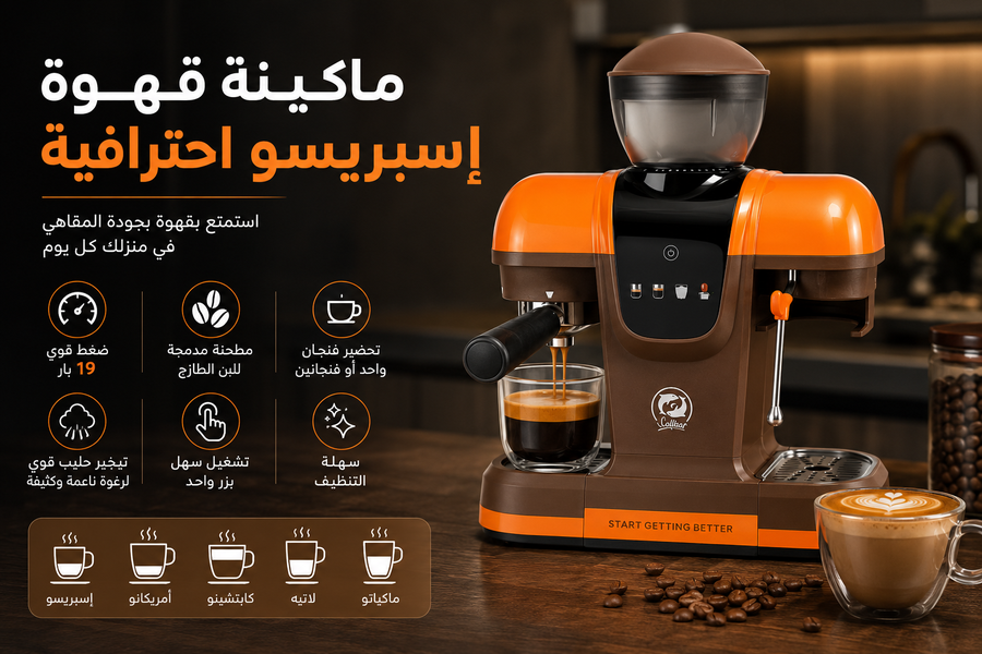 ماكينة قهوة إسبريسو احترافية مع مطحنة مدمجة – ضغط 19 بار – تبخير الحليب – تحضير فنجان أو فنجانين