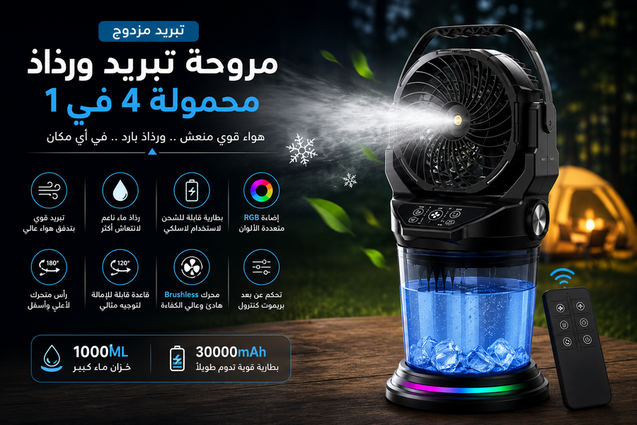 مروحة تبريد ورذاذ محمولة 4 في 1 – بطارية قابلة للشحن – إضاءة RGB – ريموت كنترول – خزان ماء 1000 مل