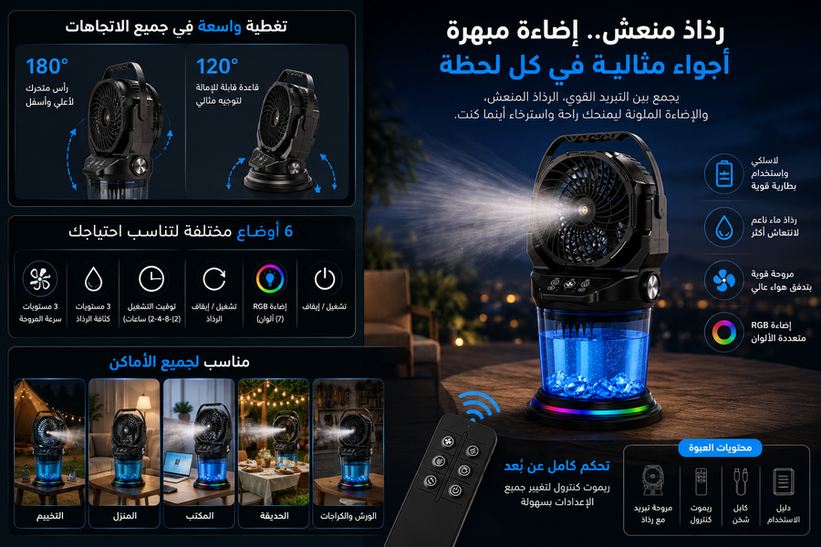 مروحة تبريد ورذاذ محمولة 4 في 1 – بطارية قابلة للشحن – إضاءة RGB – ريموت كنترول – خزان ماء 1000 مل
