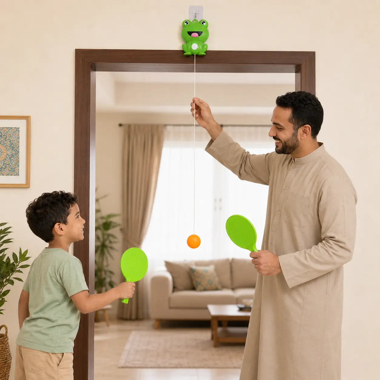 أب يضبط طول خيط تنس الضفدع المعلق أمام طفله