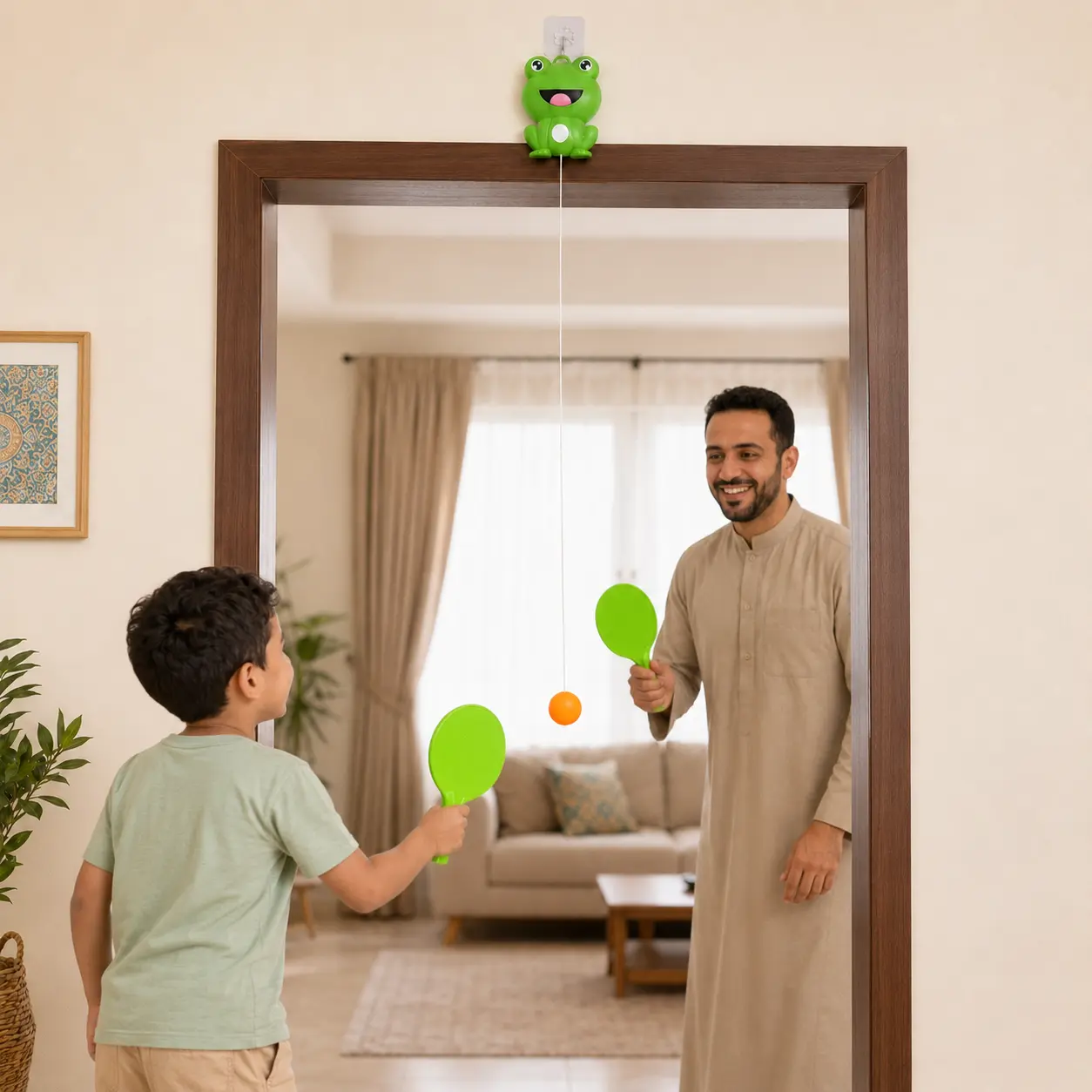 أب وطفله يلعبان معًا بتنس الضفدع المعلق