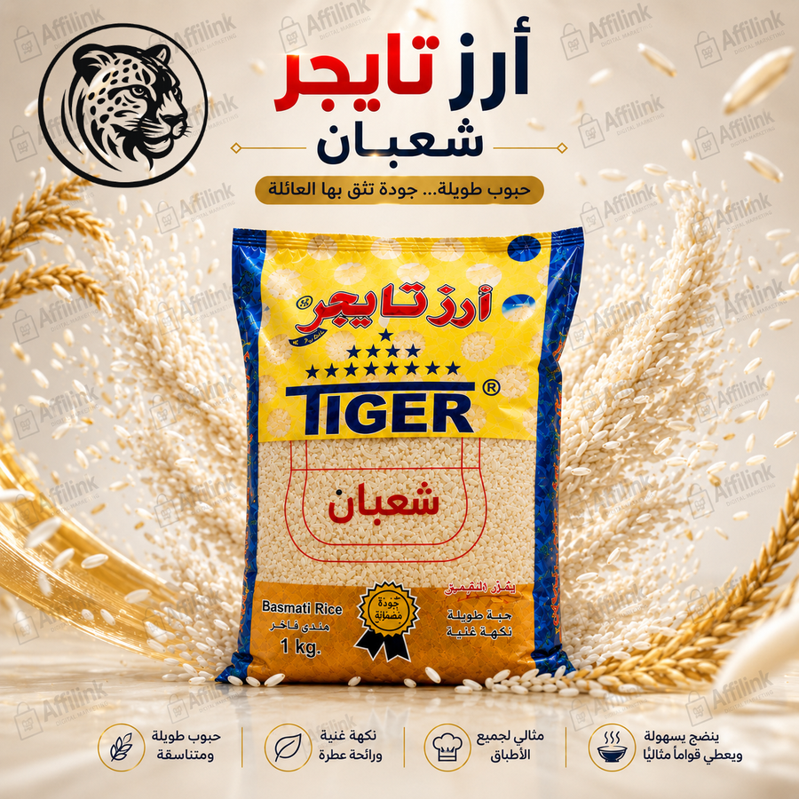 أرز تايجر شعبان البسمتي الفاخر – حبوب طويلة ونكهة أصيلة ترفع مستوى كل وجبة