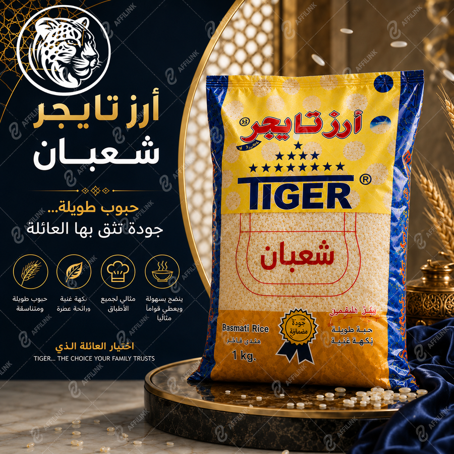 أرز تايجر شعبان البسمتي الفاخر – حبوب طويلة ونكهة أصيلة ترفع مستوى كل وجبة