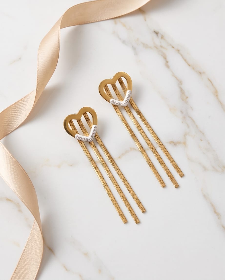 Rawnq Stainless Steel Heart Tassel Drop Earrings