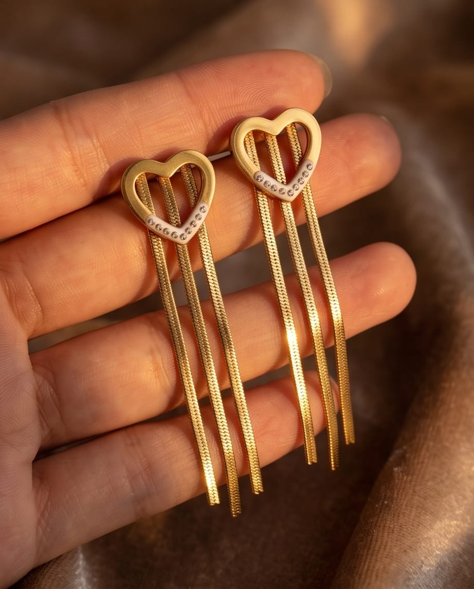 Rawnq Stainless Steel Heart Tassel Drop Earrings