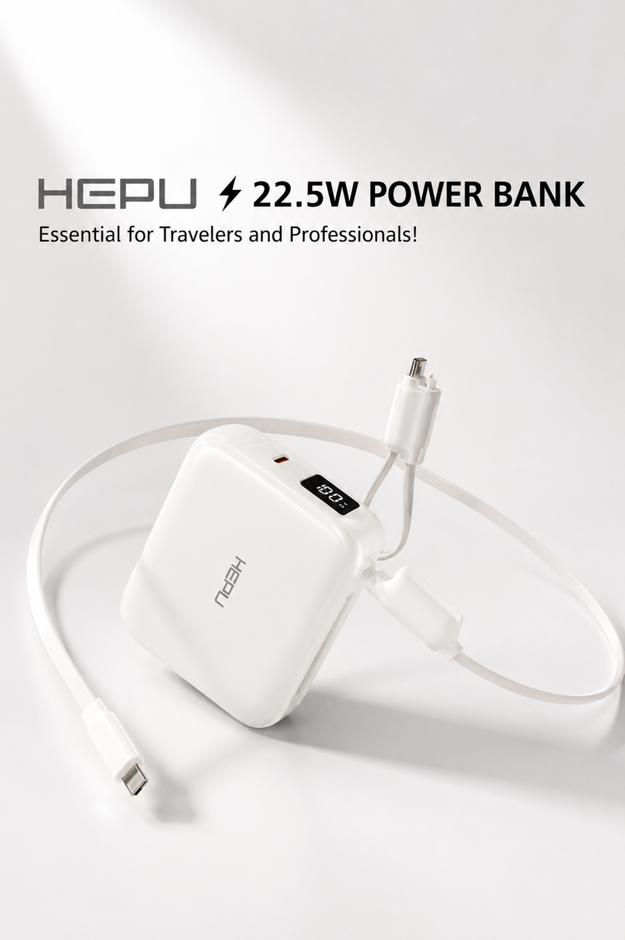 HEPU 22.5W Fast Charging Power Bank with Built-in Cable & LED Display