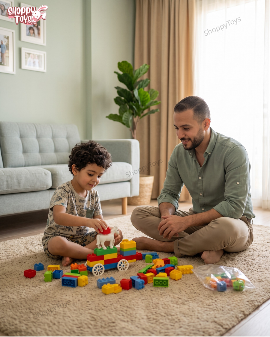 حقيبة مكعبات البناء 3 في 1 - 64 قطعة مع قاعدة لعب وتخزين