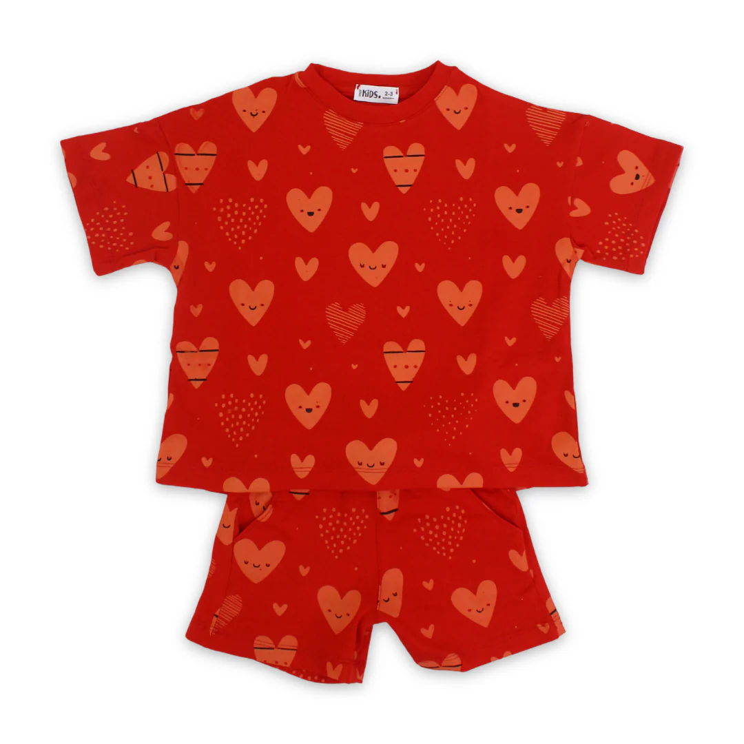 Girls Cotton Pajama – Red with Hearts Print