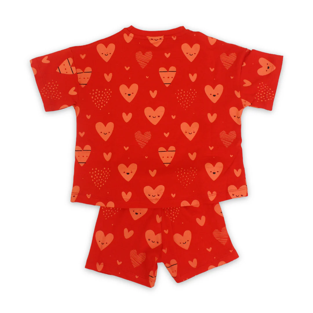 Girls Cotton Pajama – Red with Hearts Print