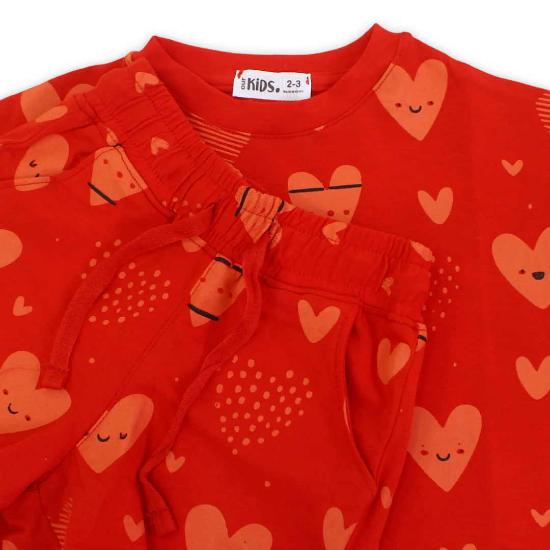 Girls Cotton Pajama – Red with Hearts Print