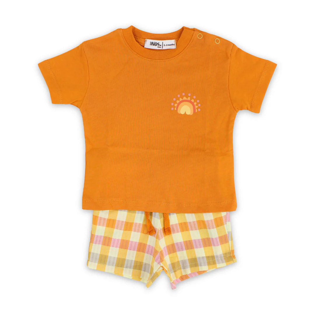 Baby Girls Cotton Pajama – Orange with Rainbow Print